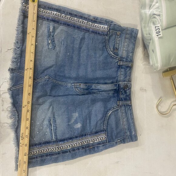 Free People Embellished Distressed Denim Mini Skirt Size 1 US M Boho Hippie - Picture 7 of 8